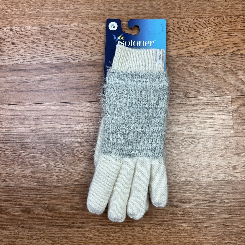 Isotoner Women's Feather Yarn Knit Cold Weather Gloves, One Size,‎ Ivory NEW
